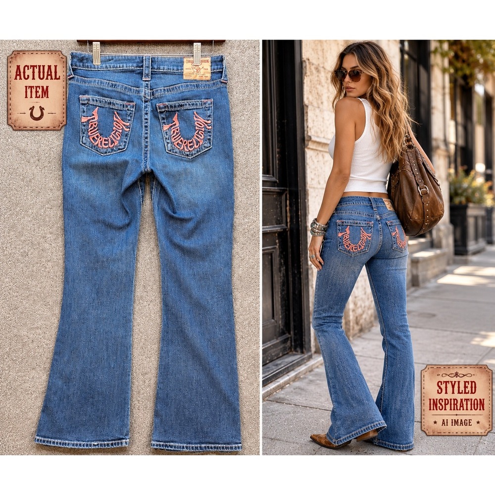 True Religion Becca Jeans Women Mid Rise Bootcut Blue 30 Excellent Y2K McBling